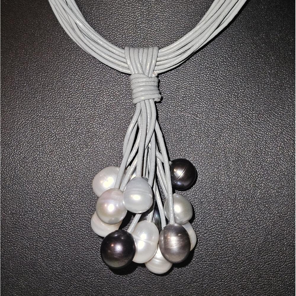 Geuine Pearl & Leather Multiple Strand Statement Necklace